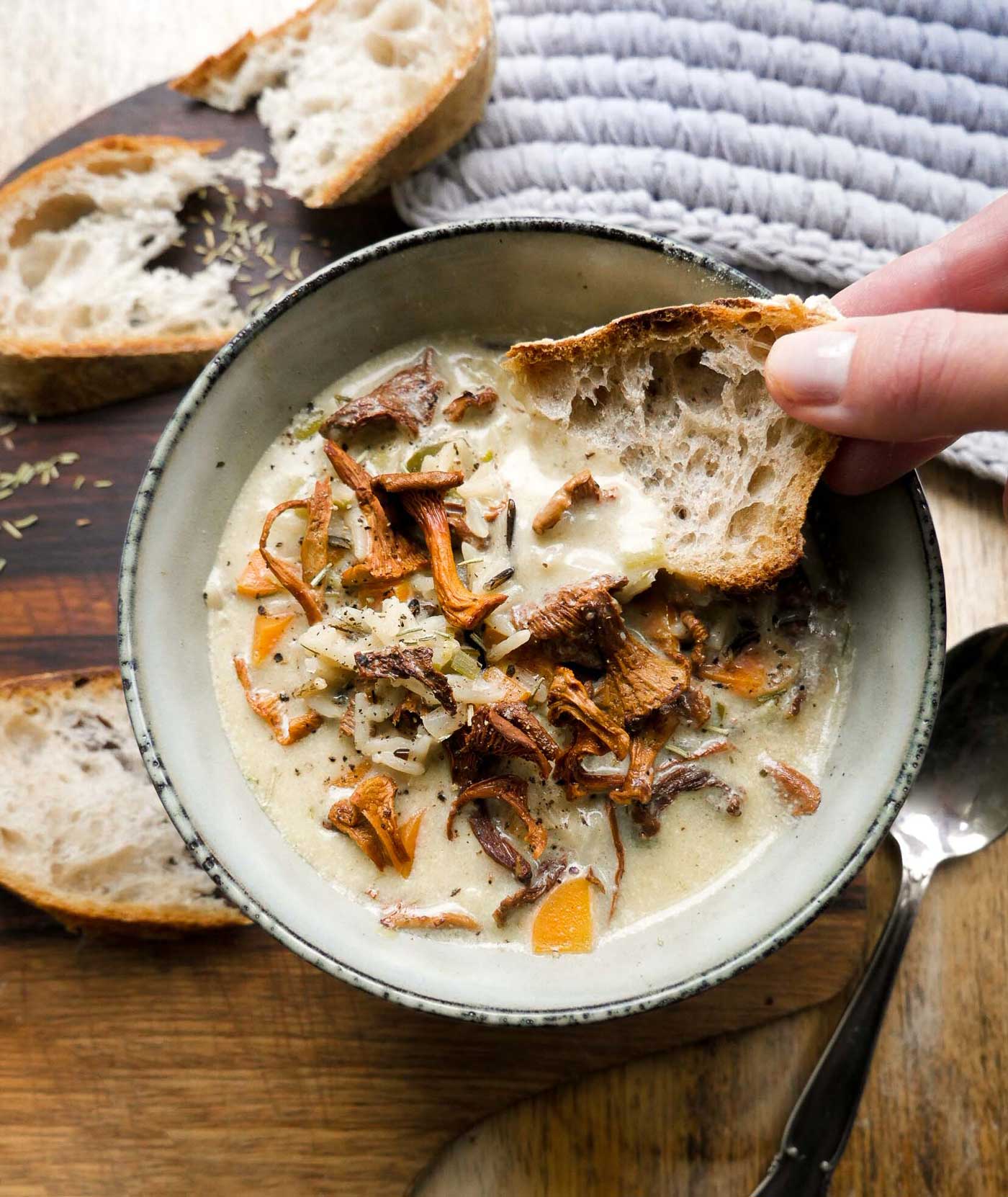 vegansk suppe med svampe og brød