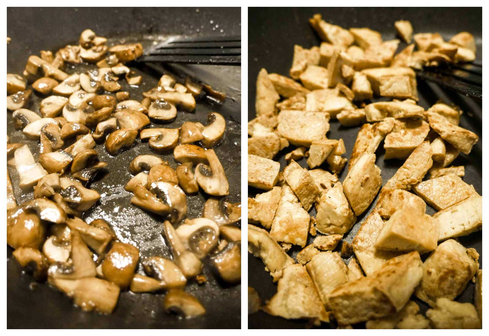 stegte svampe og tofu til pålæg