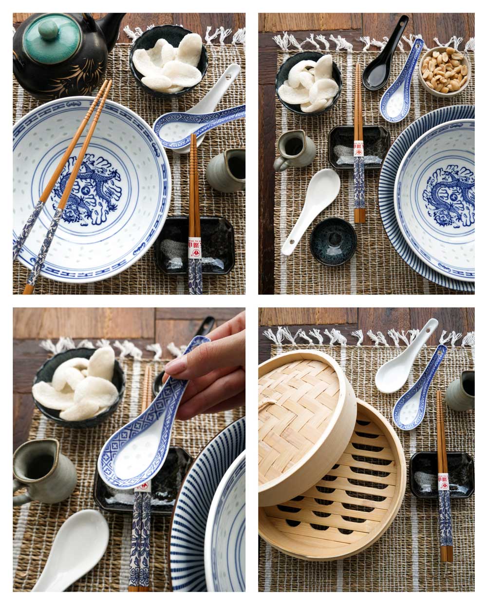 asiatiske skåle, spisepinde, bambus steamer og skeer